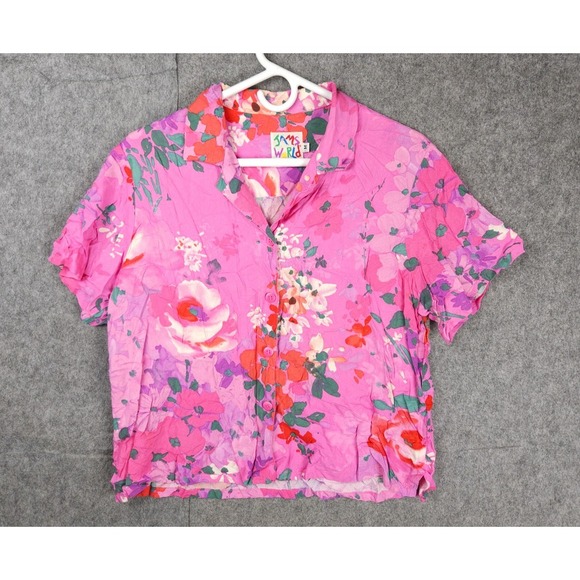 Jams World Shirt Women's Medium Pink FLORALEE Floral Hawaii Rayon USA Button Up - Picture 1 of 9